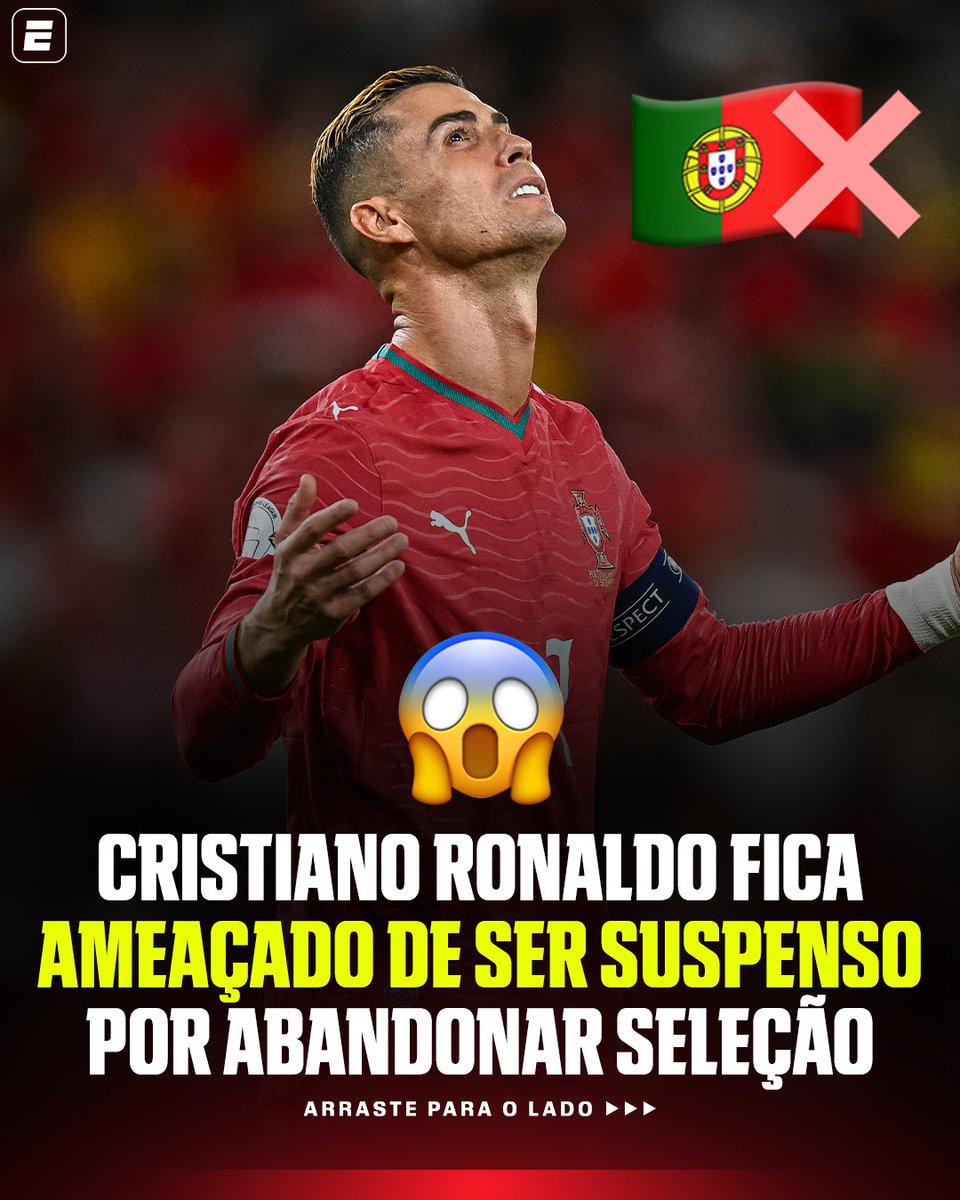 SportsCenterBR's tweet photo. PODE SER SUSPENSO! 🫣 Cristiano Ronaldo corre o risco de ser suspenso por até seis meses por ter abandonado a seleção de Portugal após a polêmica envolvendo Jorge Jesus.

Nesta quarta-feira (30), o craque deixou a delegação lusa na Dinamarca depois da forte declaração do ex-treinador do Flamengo e uma posterior conversa com Pedro Proença, presidente da FPF (Federação Portuguesa de Futebol). Essa decisão, porém, pode custar caro.

#FutebolNaESPN