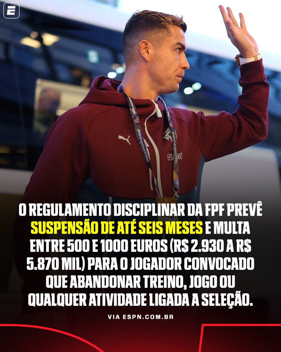 SportsCenterBR's tweet photo. PODE SER SUSPENSO! 🫣 Cristiano Ronaldo corre o risco de ser suspenso por até seis meses por ter abandonado a seleção de Portugal após a polêmica envolvendo Jorge Jesus.

Nesta quarta-feira (30), o craque deixou a delegação lusa na Dinamarca depois da forte declaração do ex-treinador do Flamengo e uma posterior conversa com Pedro Proença, presidente da FPF (Federação Portuguesa de Futebol). Essa decisão, porém, pode custar caro.

#FutebolNaESPN