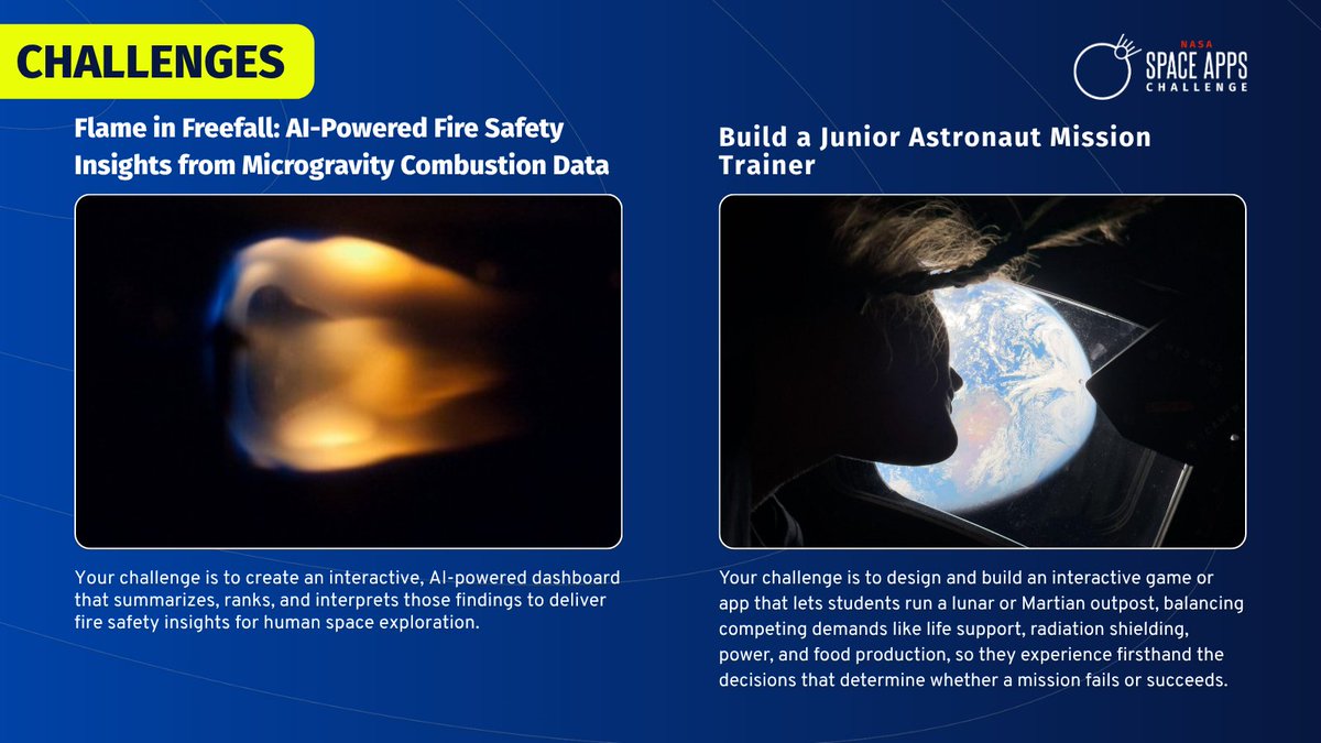 SpaceApps's tweet photo. Every successful space mission depends on one vital element: the humans on board. 🧑‍🚀

Whether you want to build health monitoring software for astronauts, design interactive mission simulation games, or create an AI-powered fire safety dashboard for human space exploration, there is a challenge for you.

Dive into the summaries, choose a challenge, and join or create a #SpaceApps team today: https://t.co/Qq1pUxz9jI