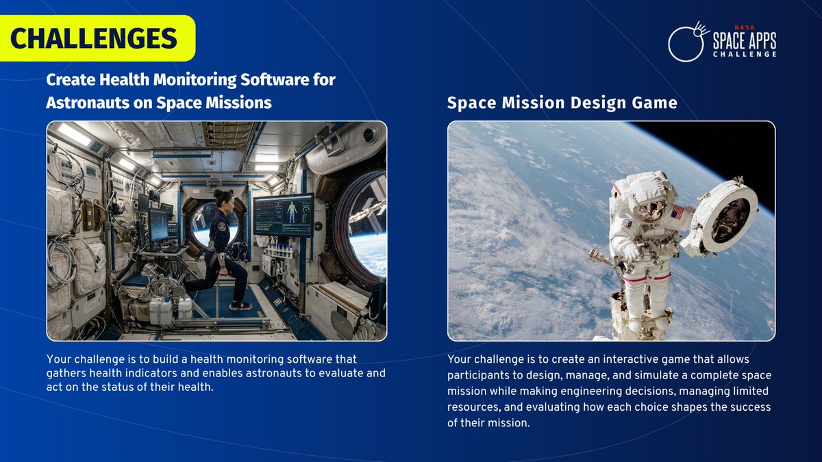 SpaceApps's tweet photo. Every successful space mission depends on one vital element: the humans on board. 🧑‍🚀

Whether you want to build health monitoring software for astronauts, design interactive mission simulation games, or create an AI-powered fire safety dashboard for human space exploration, there is a challenge for you.

Dive into the summaries, choose a challenge, and join or create a #SpaceApps team today: https://t.co/Qq1pUxz9jI
