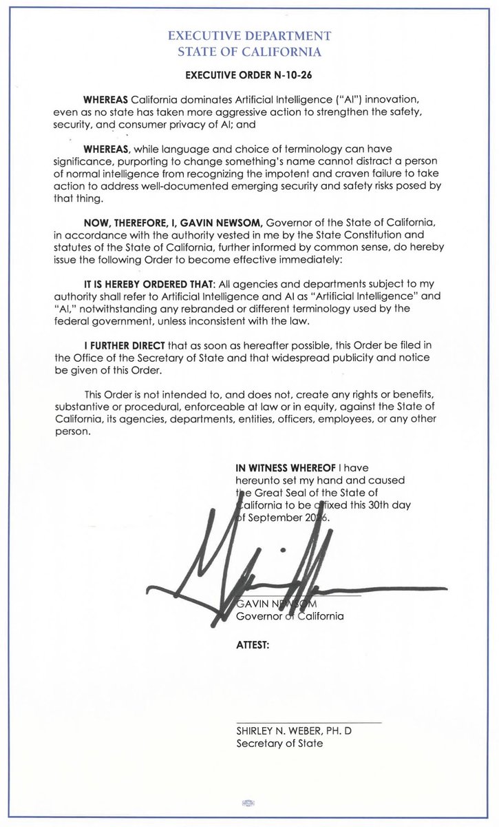 GavinNewsom's tweet photo. I just signed an executive order permanently declaring Artificial Intelligence “Artificial Intelligence” in California.

You’re welcome, America. https://t.co/84LZb02jxz