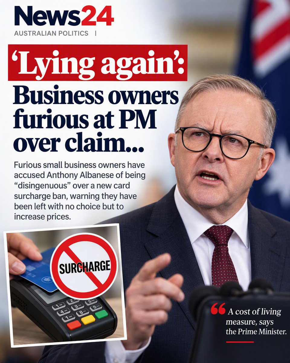 PaulineHansonOz's tweet photo. The Prime Minister says your coffee just got cheaper.

The truth is menus across Australia are being reprinted today with higher prices than the old surcharge.

Small businesses still have to pay card processing fees to the banks and sometimes they're even higher than before. These costs haven't disappeared, it's just been folded into the shelf price.

In many cases, the price increase is greater than the old surcharge customers used to see.

Australians aren't paying less. They're paying more, whether they use cash or card.

It's just another Labor lie.​‌