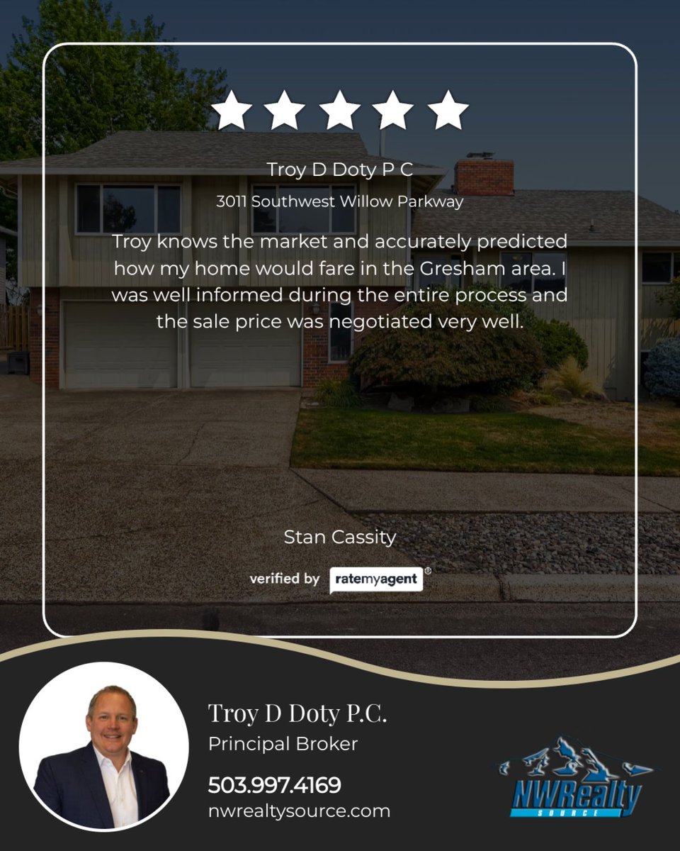 TroyDDoty's tweet photo. Thanks to my clients for their kind words. Here's a recent review from a Seller in Gresham.
Listing courtesy of Northwest Realty Source #troydotyrealtor #portlandrealtor #portlandrealestateagent #portlandrealestate #northwestrealtysource #nwrealtysource #portlandveteranhomes https://t.co/x3HWInr9OJ