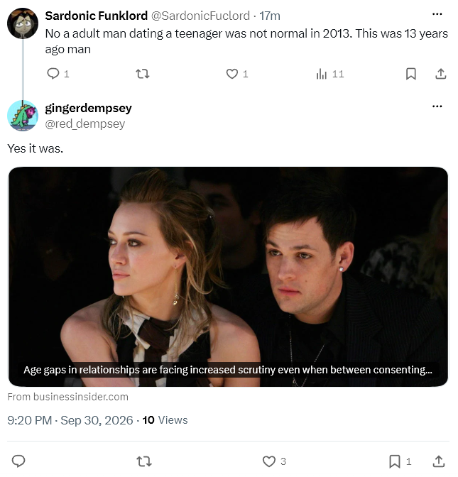 red_dempsey's tweet photo. I got blocked for telling him that the social climate in 2013 normalized relationships like Chris and Veronica's. Sigh. https://t.co/qJHwFRm1q4