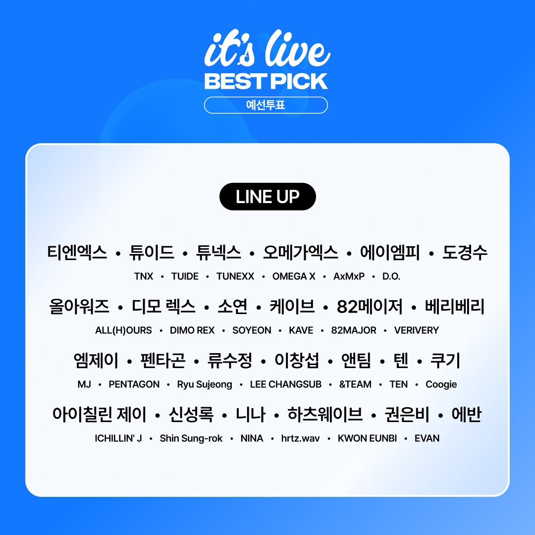 muniverse_io's tweet photo. 📢 it’s Live BEST PICK - 3rd 투표 OPEN!

9월 최고의 밴드 라이브 무대를 선보인 아티스트는 누구였나요? 🎤✨
예선 투표가 지금 시작되었습니다!

🏆 예선을 통과한 상위 5팀은 결선에 진출!
최종 1위 아티스트에게는 실물 트로피를 증정합니다 🏆💗

🗳️ 예선 투표 기간
2026. 10. 5 (월) 오후 1시 ~ 10. 8 (목) 오후 3시 (KST)

뮤니버스에서 #잇츠라이브 투표하기:
🔗 https://t.co/kyWqjTljkH

#itsLive #잇츠라이브 #Muniverse #뮤니버스 #KPOP #티엔엑스 #튜이드 #튜넥스 #오메가엑스 #에이엠피 #도경수 #올아워즈 #디모렉스 #소연 #케이브 #82메이저 #베리베리 #엠제이 #펜타곤 #류수정 #이창섭 #앤팀 #텐 #쿠기 #아이칠린_J #신성록 #니나 #하츠웨이브 #권은비 #에반