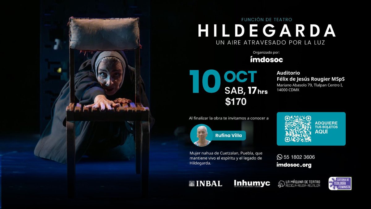 imdosoc's tweet photo. ¡Ya quedan pocos lugares!
Ven a Hildegarda. Un aire atravesado por la luz.
🎭 10 oct | 17 h
📍 Centro de Tlalpan
🎟️ $170

Una experiencia de teatro, música y espiritualidad que continuará con una reflexión junto a la Sra. Rufina, mujer nahua, ejemplo vivo del legado de Hildegarda https://t.co/9nuGEQqvv7