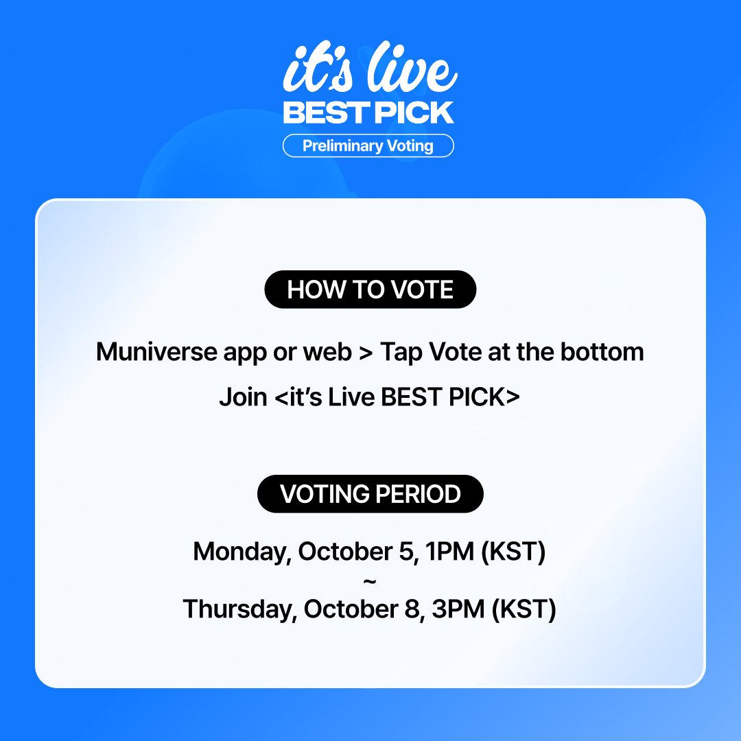 muniverse_io's tweet photo. 📢 it’s Live BEST PICK - 3rd Voting is NOW OPEN!

Who delivered the best live band performance in September? 🎤✨
Preliminary voting has officially begun!

🏆 The Top 5 artists from the preliminary round will advance to the finals!
The No.1 artist in the final round will receive a physical trophy 🏆💗

🗳️ Preliminary Voting Period
October 5, 2026 (Mon) 1:00 PM – October 8, 2026 (Thu) 3:00 PM (KST)

Vote for #itsLive on Muniverse:
🔗 https://t.co/kyWqjTljkH

#itsLive #잇츠라이브 #Muniverse #뮤니버스 #KPOP #TNX #TUIDE #TUNEXX #OMEGA_X #AxMxP #DO #ALL_H_OURS #DIMOREX #SOYEON #KAVE #82MAJOR #VERIVERY #MJ #PENTAGON #RyuSujeong #LEECHANGSUB #andTEAM #TEN #Coogie #ICHILLIN_J #SHINSUNGROK #NINA #hrtzwav #KWONEUNBI #EVAN