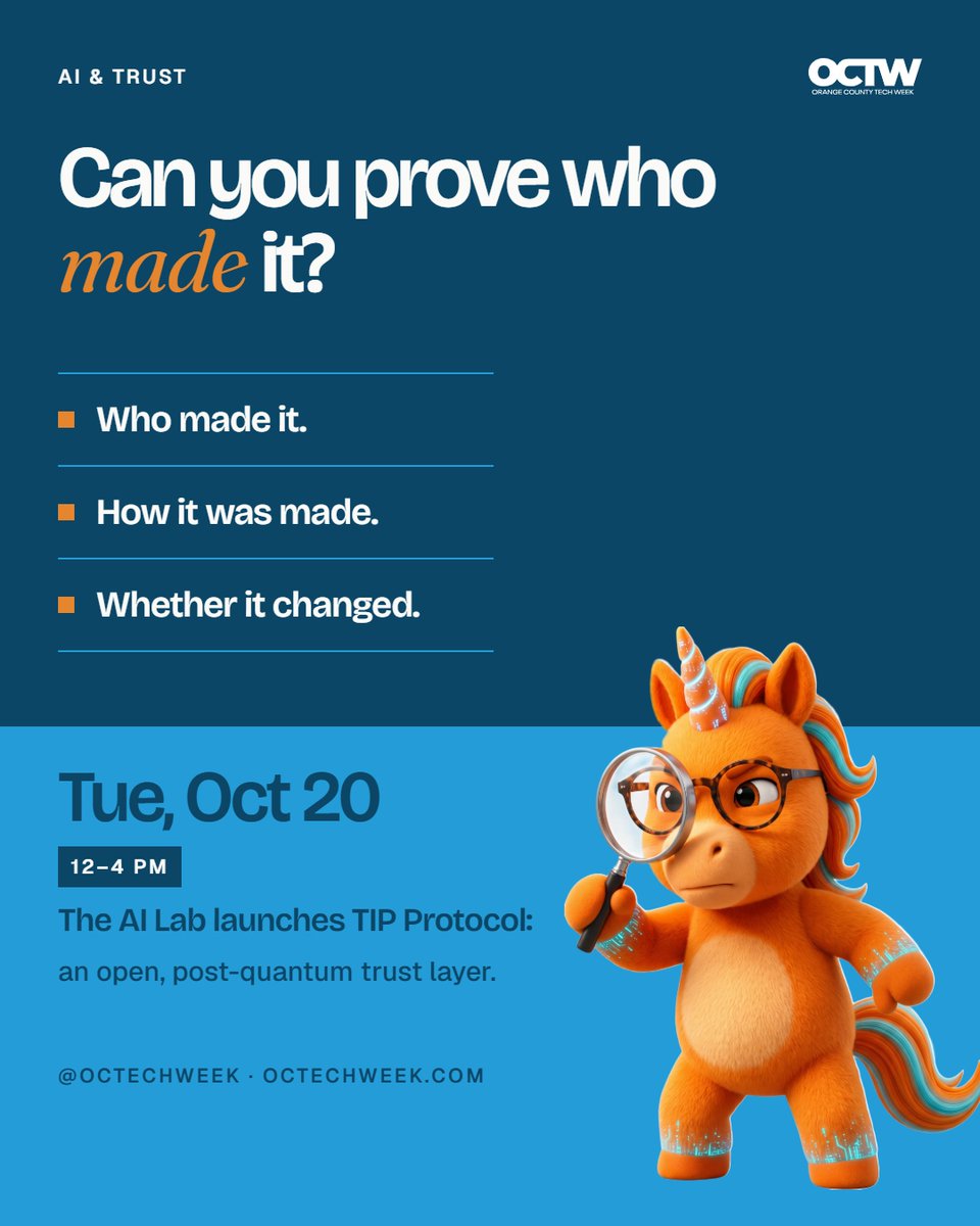 octechweek's tweet photo. As AI content gets harder to tell from the real thing, provenance is becoming a real question. Would you trust a "made by a human" label?  Join us at the OC Tech Week. More details here: https://t.co/gW2POzoONr. #OCTechWeek #InnovationInParadise #AI #Cybersecurity #OrangeCounty https://t.co/QKv54gKMBw