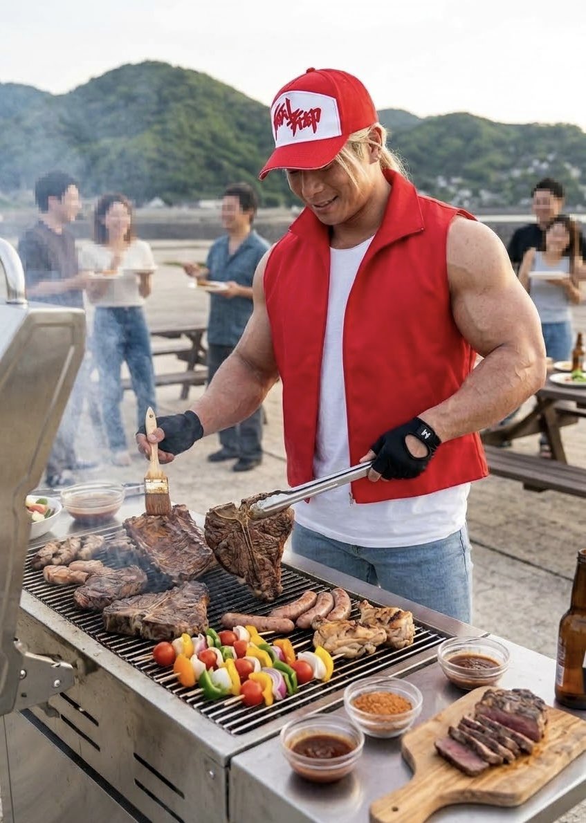 real_baki_kyo's tweet photo. テリーとBBQ

#筋トレ #餓狼伝説 #コスプレ #SNK #BBQ https://t.co/1ucXzJJopT