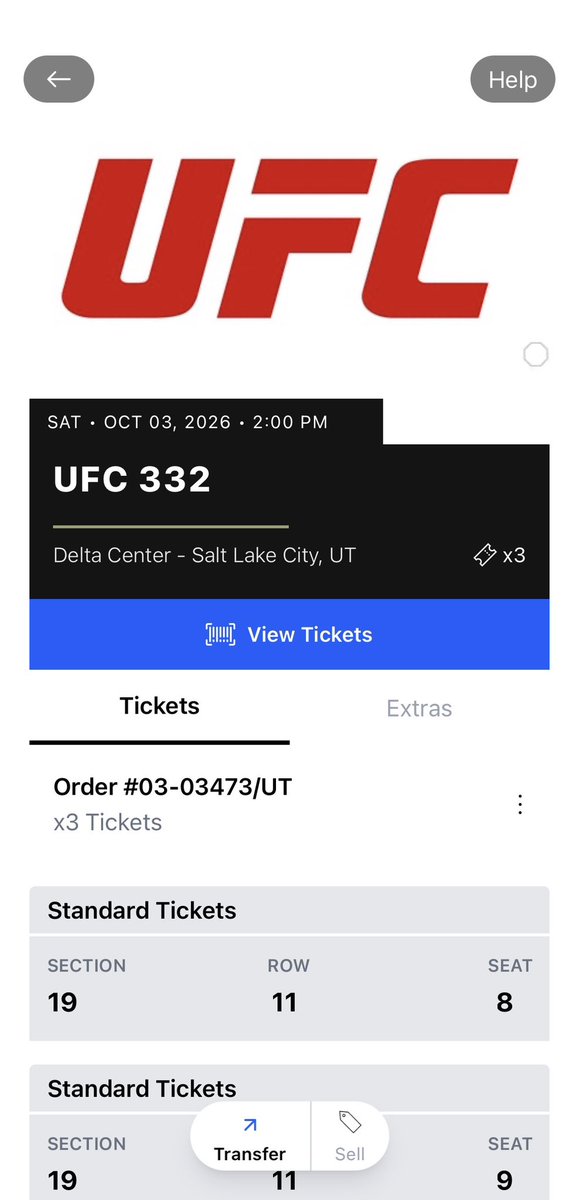 CharlieAustin73's tweet photo. Hello, I’ve got for sale 3 tickets to UFC 332 in Salt Lake City on Saturday 

@ Delta Center in Salt Lake City, UT

Date: Sat, Oct 03, 2026

Section 19, Row 11

Asking $230 per ticket 

Message me if you’re interested https://t.co/UvzeEbg1Kl