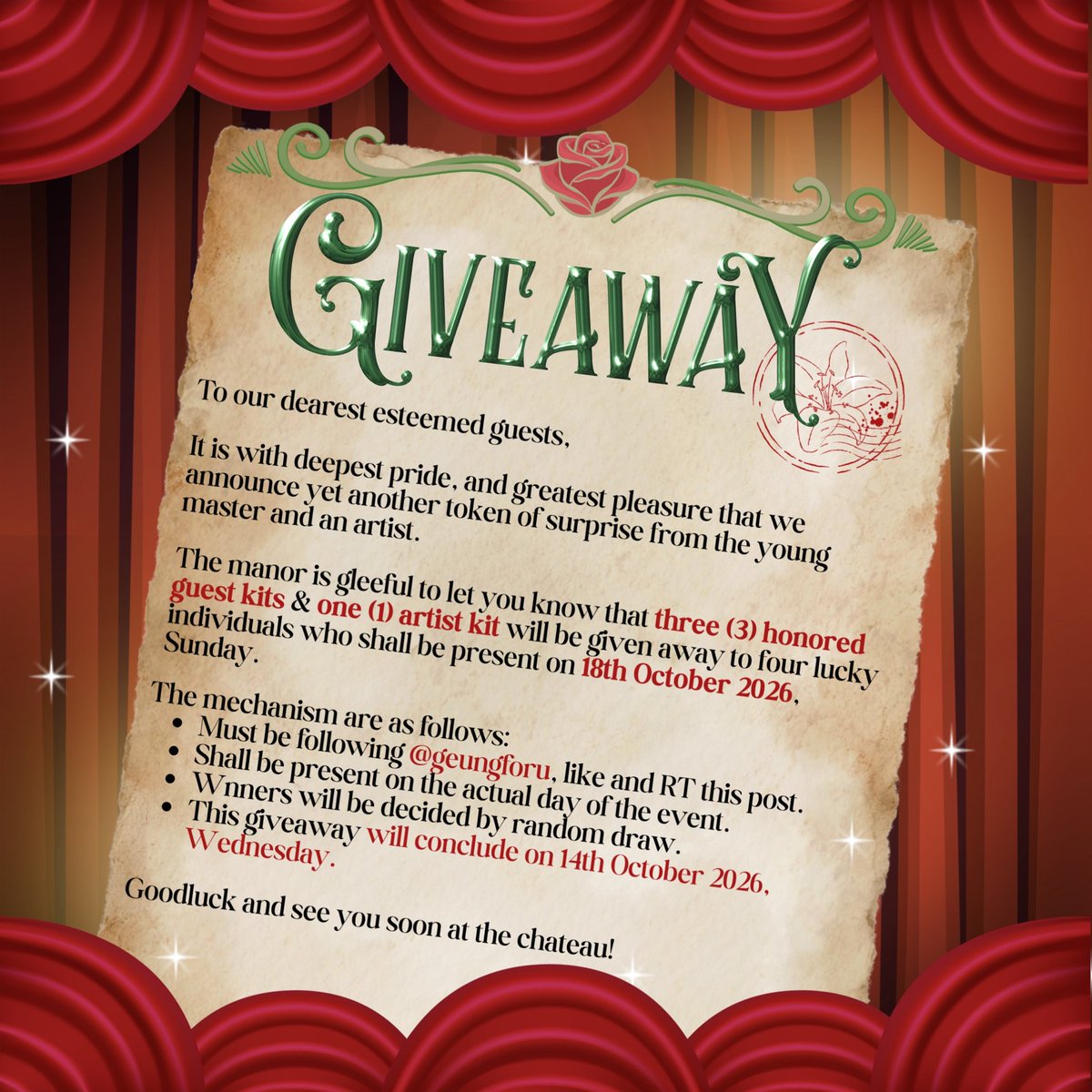 geungforu's tweet photo. 【 𝐓𝐇𝐄 𝐒𝐔𝐑𝐏𝐑𝐈𝐒𝐄 𝐃𝐎𝐄𝐒 𝐍𝐎𝐓 𝐄𝐍𝐃 】❤️🩷

The manor kindly request of you to read ahead! 
━ A huge thank you to artist @tsui_pl for extending their heart to the event and donating their kit for our attendees! 🫶🏼 

#BeneathTheManorLights 
#EunbyCSE 
#허티 https://t.co/An76sYseHH