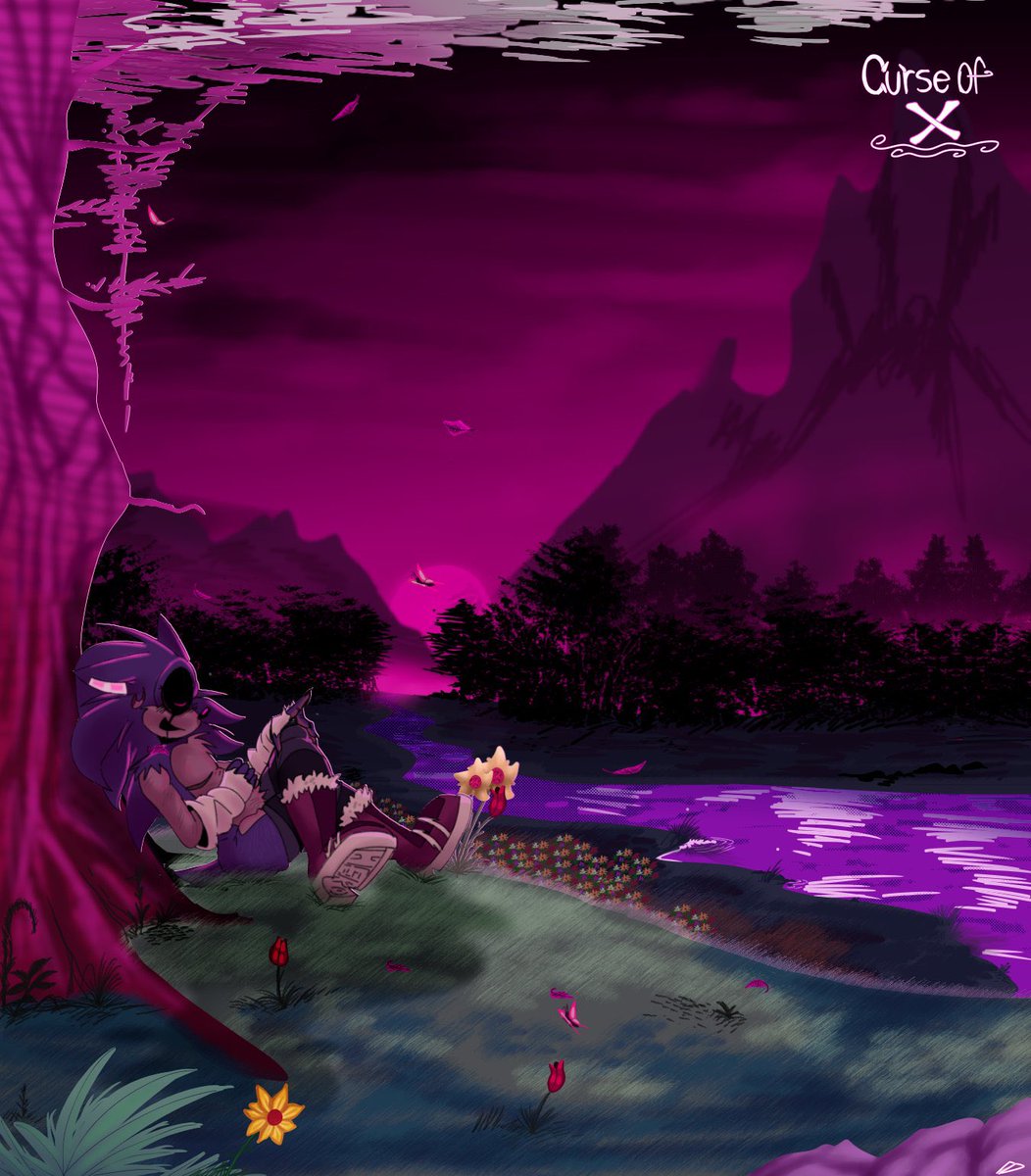 Curse_0f_X's tweet photo. >> Interaction bait <<

[ You see Curse leaning back against the trunk of a large tree, completely lost in his own thoughts as he gazes over the landscape with the beautiful sight of the purple sunset. The gentle breeze rustles his quills, he looks to be at peace for once. ] https://t.co/u8pKgmM9yx