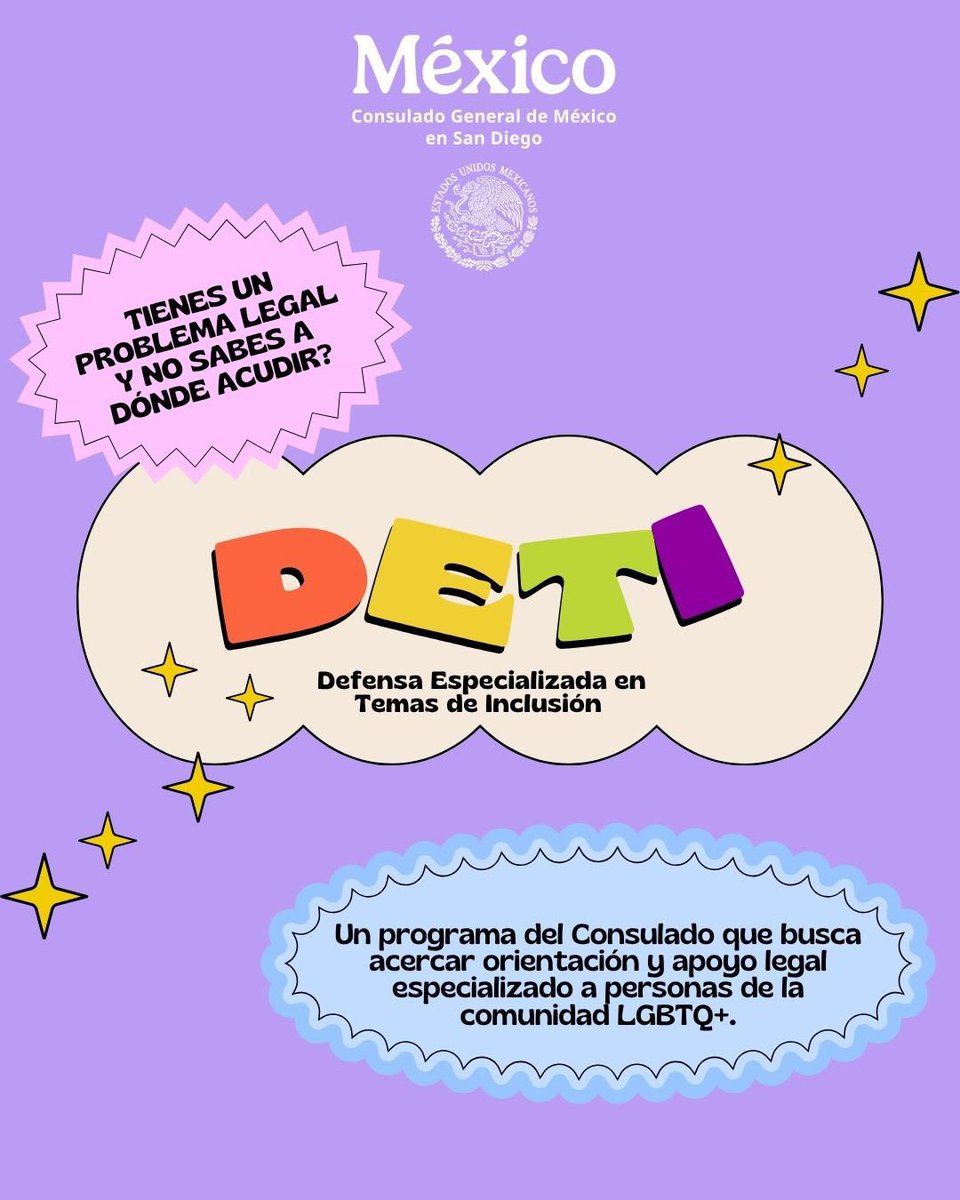 ConsulMexSdi's tweet photo. Mexicana (o) 🇲🇽 ¿Sabias que existen recursos legales especializados para integrantes de las comunidades LGBTQ+🏳️‍🌈 🏳️‍⚧️ ? 

Conoce tus Derechos y tus opciones, a través del Programa dd Defensa Especializada en Temas de Inclusión💜o #DETI #Asistencia #ProtecciónConsular #Inclusión https://t.co/dMzc9fXr68