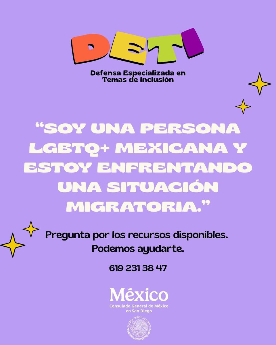 ConsulMexSdi's tweet photo. Mexicana (o) 🇲🇽 ¿Sabias que existen recursos legales especializados para integrantes de las comunidades LGBTQ+🏳️‍🌈 🏳️‍⚧️ ? 

Conoce tus Derechos y tus opciones, a través del Programa dd Defensa Especializada en Temas de Inclusión💜o #DETI #Asistencia #ProtecciónConsular #Inclusión https://t.co/dMzc9fXr68
