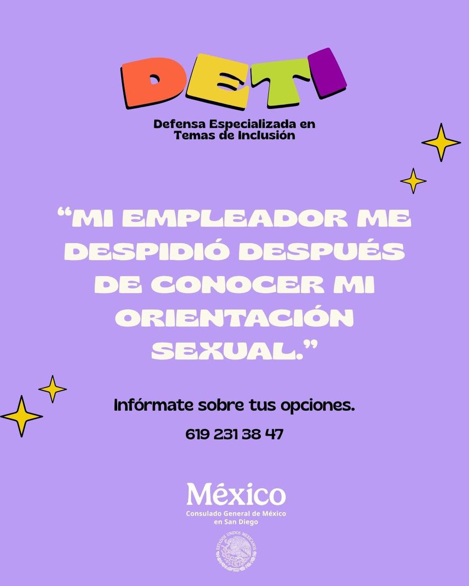 ConsulMexSdi's tweet photo. Mexicana (o) 🇲🇽 ¿Sabias que existen recursos legales especializados para integrantes de las comunidades LGBTQ+🏳️‍🌈 🏳️‍⚧️ ? 

Conoce tus Derechos y tus opciones, a través del Programa dd Defensa Especializada en Temas de Inclusión💜o #DETI #Asistencia #ProtecciónConsular #Inclusión https://t.co/dMzc9fXr68