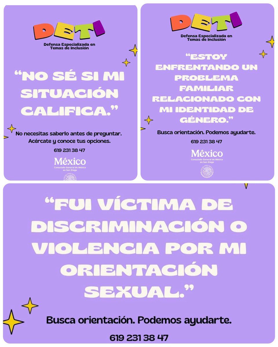 ConsulMexSdi's tweet photo. Mexicana (o) 🇲🇽 ¿Sabias que existen recursos legales especializados para integrantes de las comunidades LGBTQ+🏳️‍🌈 🏳️‍⚧️ ? 

Conoce tus Derechos y tus opciones, a través del Programa dd Defensa Especializada en Temas de Inclusión💜o #DETI #Asistencia #ProtecciónConsular #Inclusión https://t.co/dMzc9fXr68