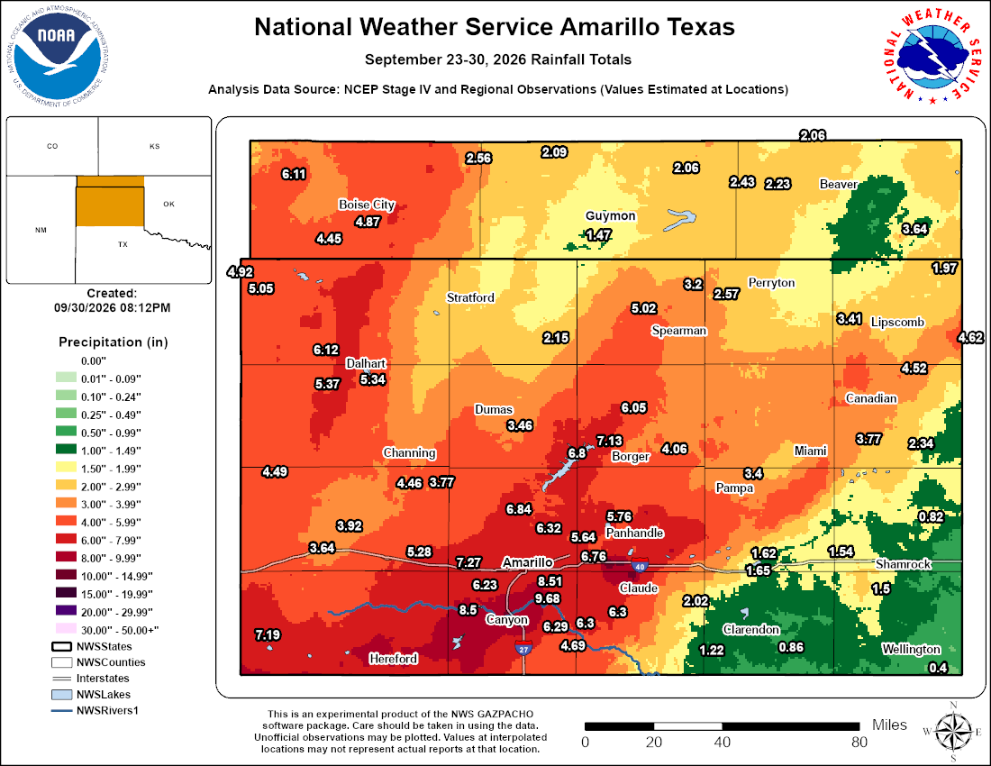 NWSAmarillo's tweet photo. Check out our 7-day rainfall totals map. Most of the Panhandles received several inches of rain, with the highest totals nearing 10 inches around Lake Tanglewood and Canyon.  Amarillo's climate data shows just under 2 inches for the year now. Big improvemnt. #phwx #TXwx #OKwx https://t.co/mhxjchsGfP