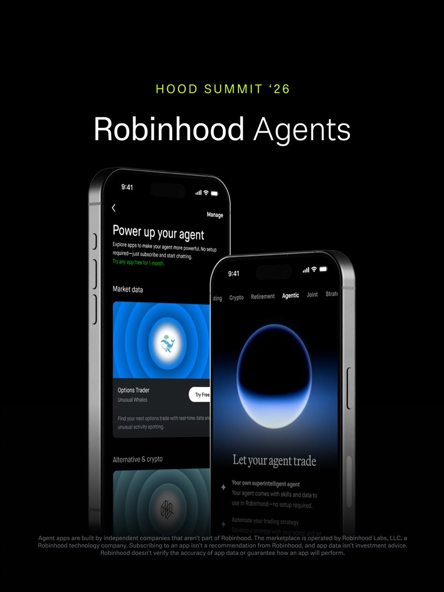 RobinhoodApp's tweet photo. Robinhood Agents are here 🔥

Spin up an agent in under a minute and let it handle analysis, strategy, and execution. Power it with Agent Apps, all with safety built in from the ground up.

Loops, automated runs on your schedule, coming soon. https://t.co/cp22YWY27H