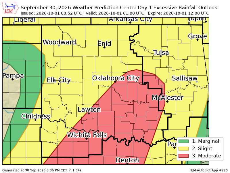OUWEATHERBOT's tweet photo. WPC issues Day 1 Moderate Risk Excessive Rainfall Outlook at Oct 1, 0:52z for OUN https://t.co/XKqfAyOoXI https://t.co/c3VuU1zbE5
