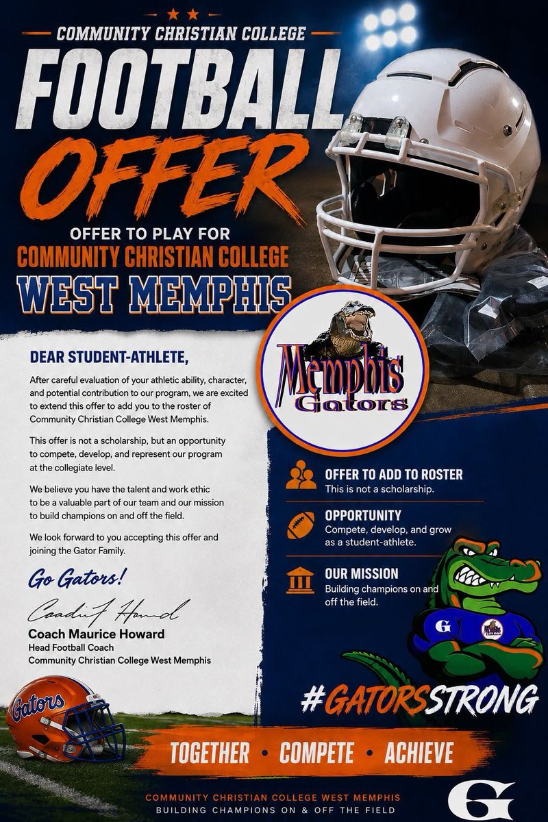 ChanceHoward42's tweet photo. After a long talk with Coach Howard, I'm blessed to receive my first official offer from Memphis College Thank you to Coach Howard and the entire Memphis Gators staff for believing in me and giving me this opportunity @OHSFOOTBALL_20 @_coachmiller34
@GatorsMemphis https://t.co/QgXZHK2W17