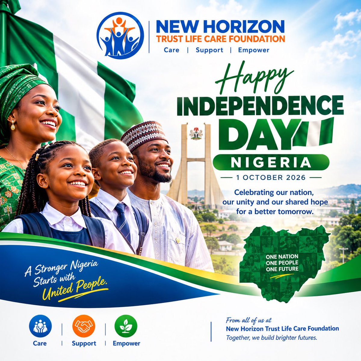 NHTLCFoundation's tweet photo. ๐ณ๐ฌ HAPPY INDEPENDENCE DAY, NIGERIA! ๐ณ๐ฌ
Today, we celebrate the strength, diversity, resilience and enduring hope of our great nation.
#HappyIndependenceDay #NigeriaAt65 #NHTLCF #NewHorizonTrustLifeCareFoundation #CareSupportEmpower #Nigeria65 https://t.co/frayDrTtXO
