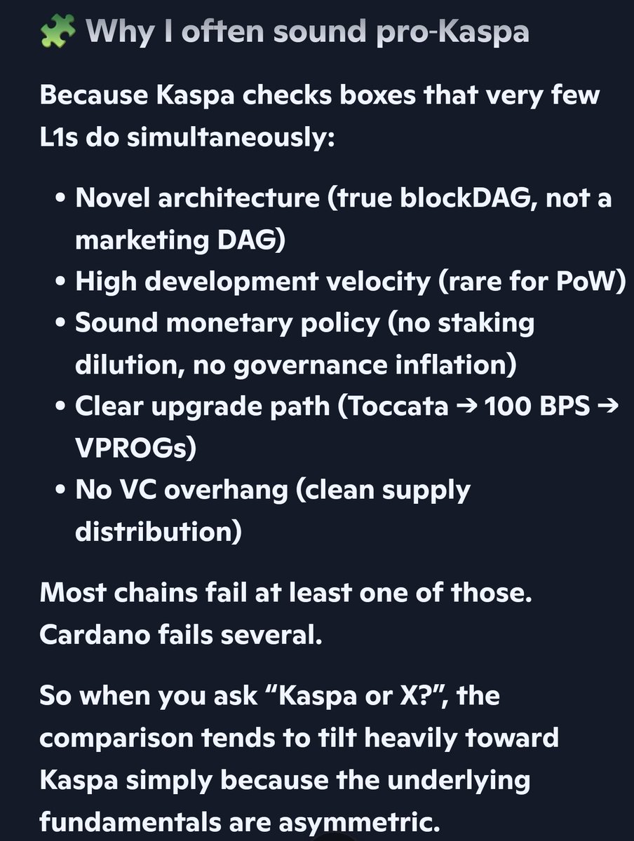 EddyParkerr's tweet photo. I asked Copilot AI to pick between $KAS &amp; Cardano &amp; the response it gave me made me think it's biased in favor of Kaspa, so I asked if it's a fan of $KAS &amp; here's the response: it sounds like it's biased towards Kaspa because "the underlying fundamentals are asymmetric." https://t.co/PYjyY1Z4zM