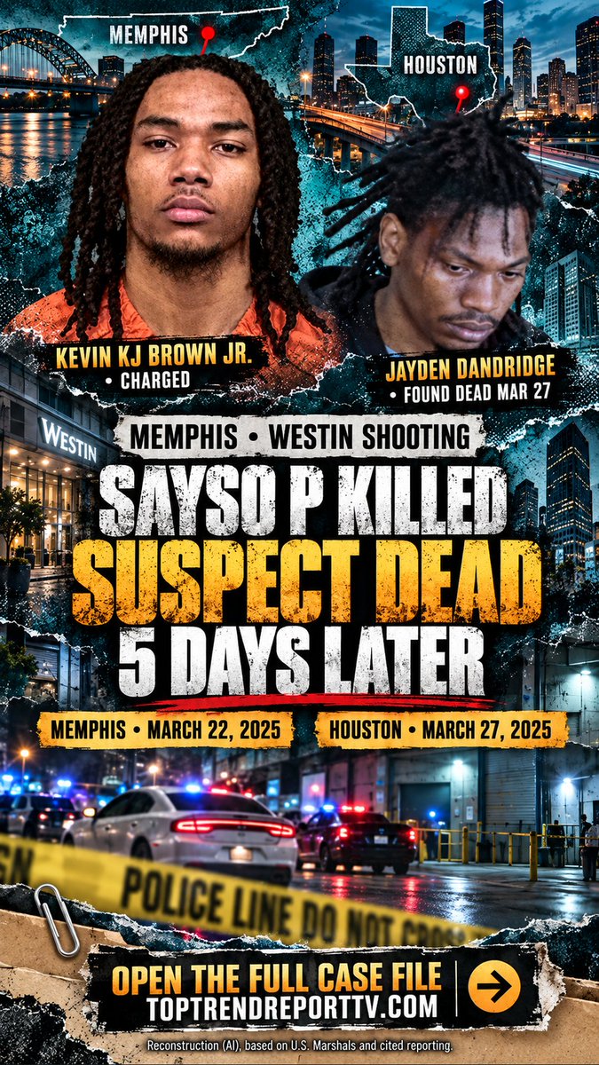 TopTrendReporTV's tweet photo. 🚨 Sayso P was killed in Memphis. Five days later, accused man Jayden Dandridge was found dead in Houston. Kevin KJ Brown Jr. faces charges. Follow the two investigations in the free case file.
🔗 Full case file → link in bio https://t.co/wc01948Nq9