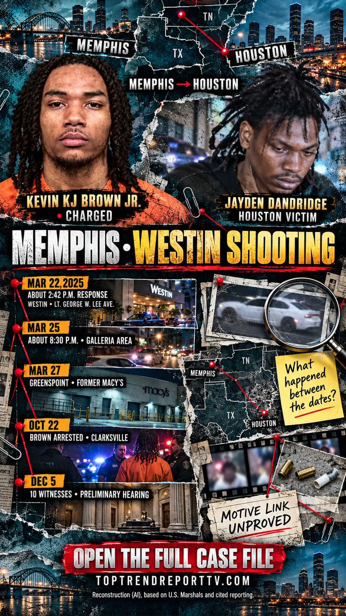 TopTrendReporTV's tweet photo. 🚨 Sayso P was killed in Memphis. Five days later, accused man Jayden Dandridge was found dead in Houston. Kevin KJ Brown Jr. faces charges. Follow the two investigations in the free case file.
🔗 Full case file → link in bio https://t.co/wc01948Nq9