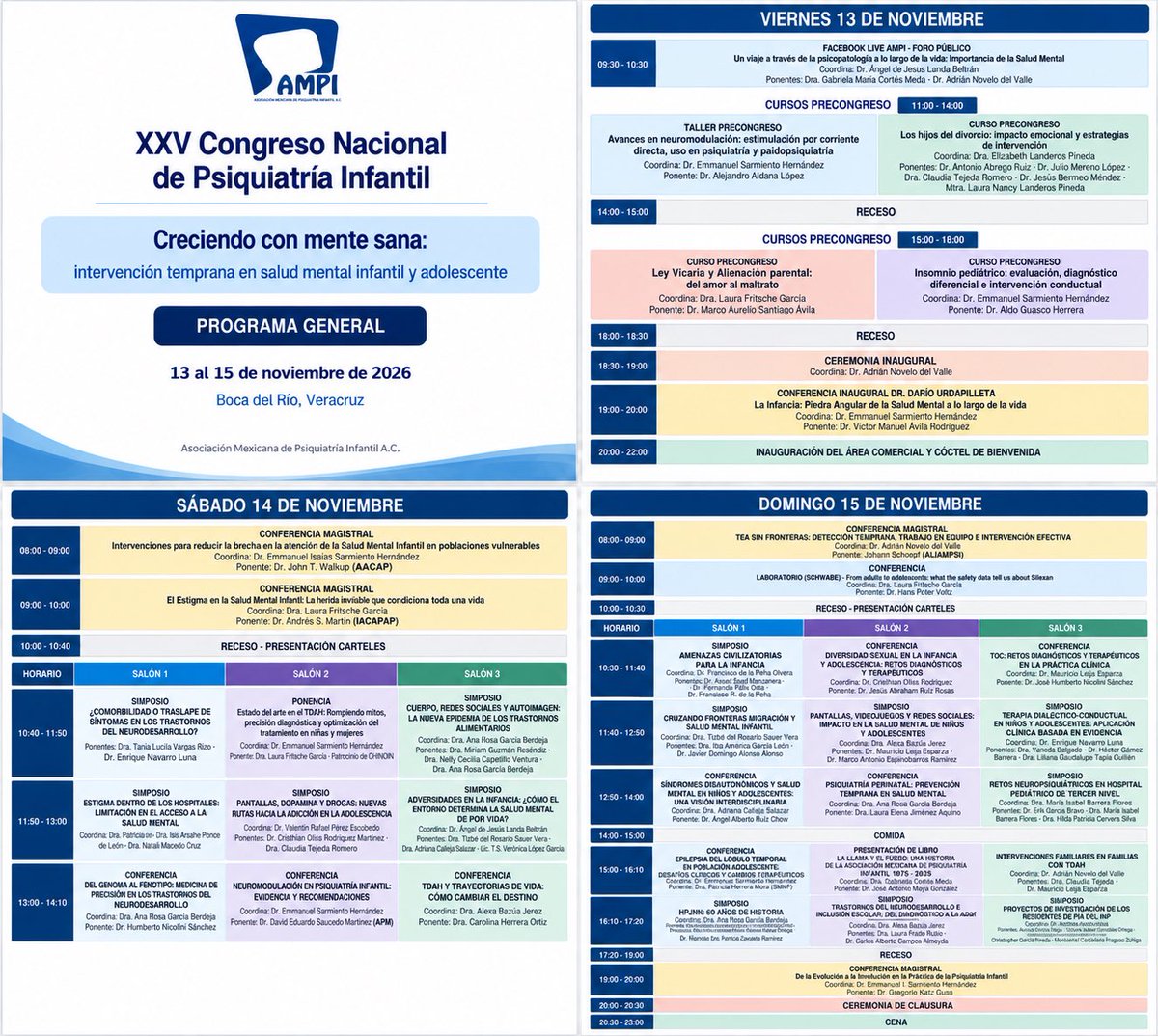 AMPI_AC's tweet photo. 🧠 ¡Ya está listo nuestro programa académico!

La Asociación Mexicana de Psiquiatría Infantil A.C. te invita al XXV Congreso Nacional de Psiquiatría Infantil, un espacio de actualización, intercambio de experiencias y encuentro entre profesionales comprometidos con la salud mental de niñas, niños y adolescentes.

📍 Boca del Río, Veracruz
📅 13, 14 y 15 de noviembre de 2026

Bajo el lema “Creciendo con mente sana: intervención temprana en salud mental infantil y adolescente”, contaremos con destacados expertos nacionales e internacionales.

📲 Aquí puedes consultar toda la información 👉🏻 https://t.co/WJlsnGoxgU

¡Te esperamos!