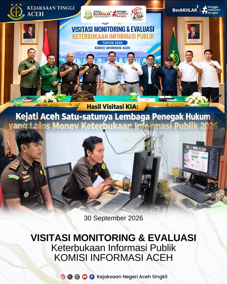knsingkil's tweet photo. Rabu, 30 September 2026

Kepala Seksi Intelijen, Raja Liola Gurusinga, S.H. bersama Kasubsi I, Abdur Rahman Lubis, S.H. menghadiri Visitasi Monitoring &amp; Evaluasi Komisi Informasi Aceh (KIA) terkait keterbukaan informasi publik di lingkungan Kejaksaan Tinggi Aceh secara online. https://t.co/UQNO4Kxgr0