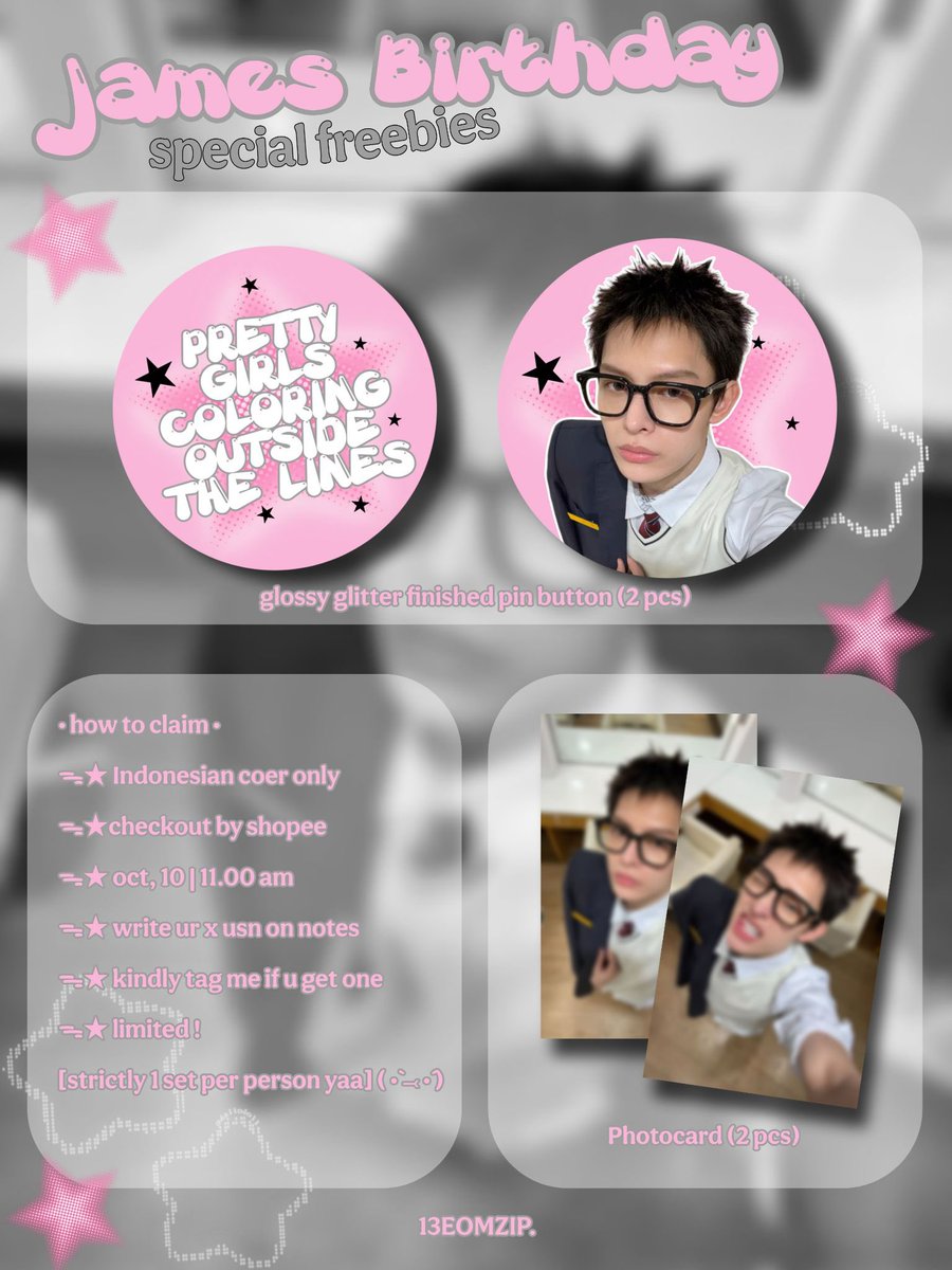 13eomzip's tweet photo. 𓂃 ࣪˖ ִֶָ🐈‍⬛་༘࿐ James birthday special freebies by @13eomzip

ᯓ★ rt and like are appreciated
ᯓ★ Ina coer only
ᯓ★co by 🧡
ᯓ★ oct, 10 | 11.00 am
ᯓ★ write ur x usn on notes
ᯓ★ kindly tag me if u get one
ᯓ★ limited

https://t.co/SY17Z5Cv7S
•1 set per person yaa💗• https://t.co/h722Q4W1ah