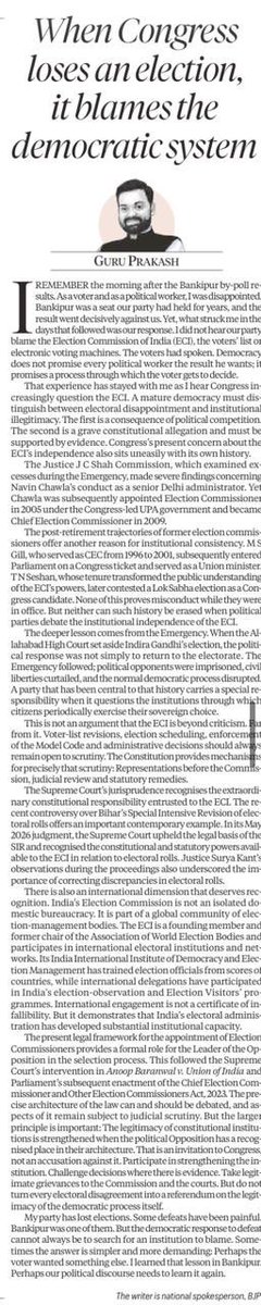 IGuruPrakash's tweet photo. When Congress loses an election, it blames the democratic system.

My article in today’s The Indian Express examines the increasingly contested debate around the Election Commission of India- and the distinction between electoral disappointment and institutional illegitimacy.

Democracy demands scrutiny of institutions. It also demands evidence, constitutional restraint and faith in the voter.

Read the full article: https://t.co/OM34vHyqu2