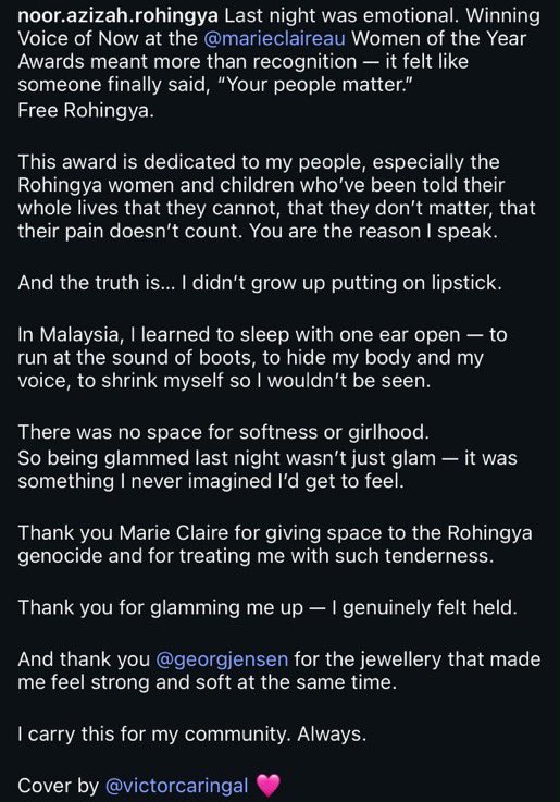 bitcoinmalaya's tweet photo. Remember this lesson

this Rohingya activist won the Marie Claire Women of the Year award

when she got the world’s attention, did she condemn Myammar? 

no

she chose to use the attention to aggressively attack Malaysia, a country that has hosted the largest number of Rohingya refugees in the region and borne huge costs

NOT a single word about Myanmar, where the genocide against her people actually took place

she hates Malaysia more than she hates Myanmar

that seems similar to what is happening with the international media, refugee advocates and UN……