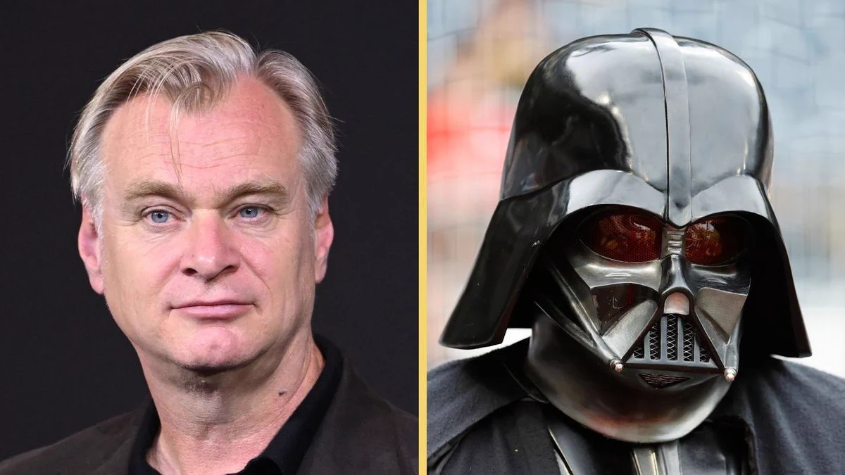 A split of two photos, on the left Christopher Nolan wearing a dark suit blazer and dark buttoned-down shirt with a blank facial expression and dark background, and on the right a person in a Darth Vader costume with an out-of-focus backdrop.