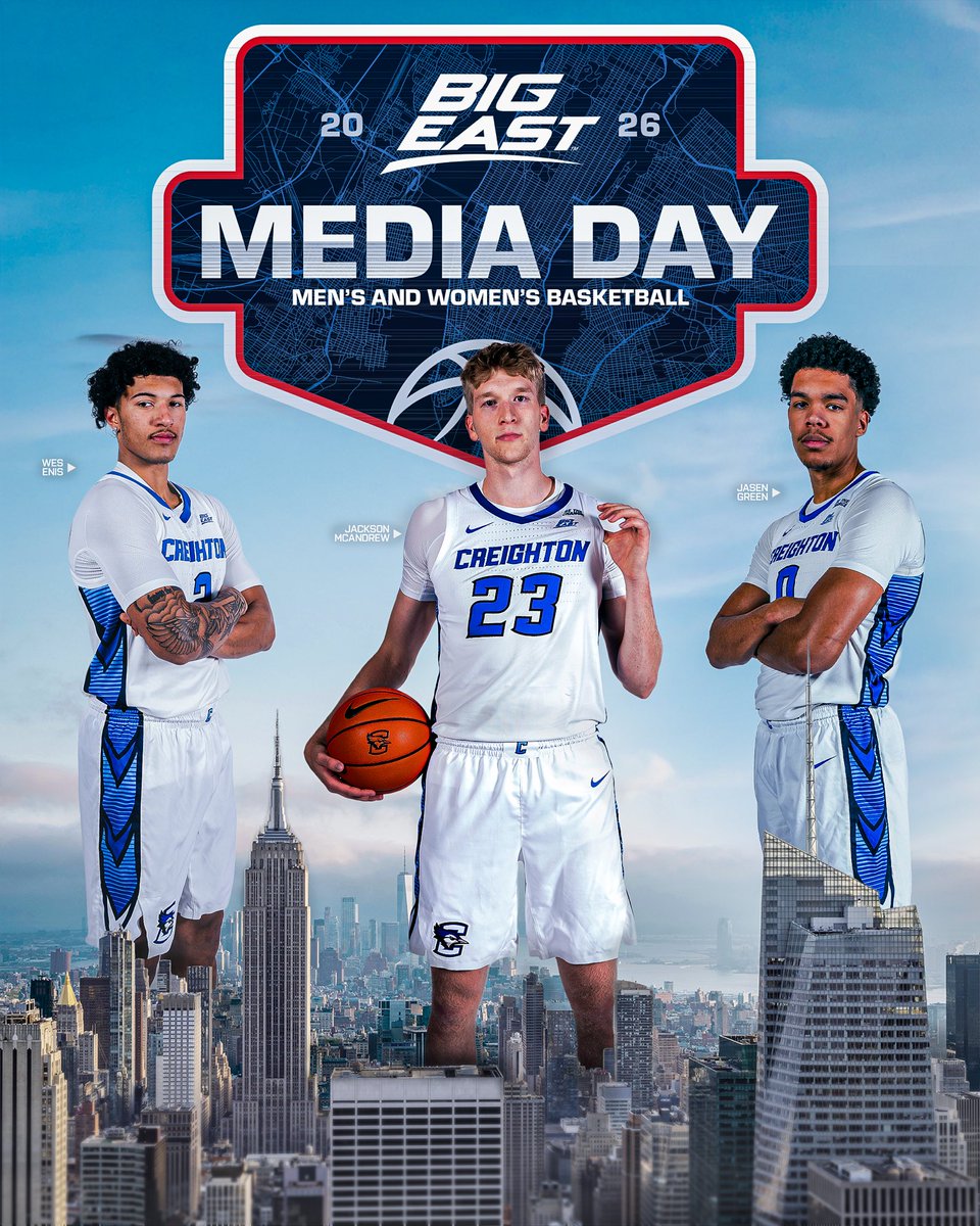BluejayMBB's tweet photo. Big stage. Big Apple. BIG EAST. 🗽

Watch Jackson McAndrew, Wes Enis and Jasen Green represent the Bluejays at BIG EAST Media Day, live on Peacock beginning at 8:00 a.m. CT!

#GoJays https://t.co/5UuISLrKRt