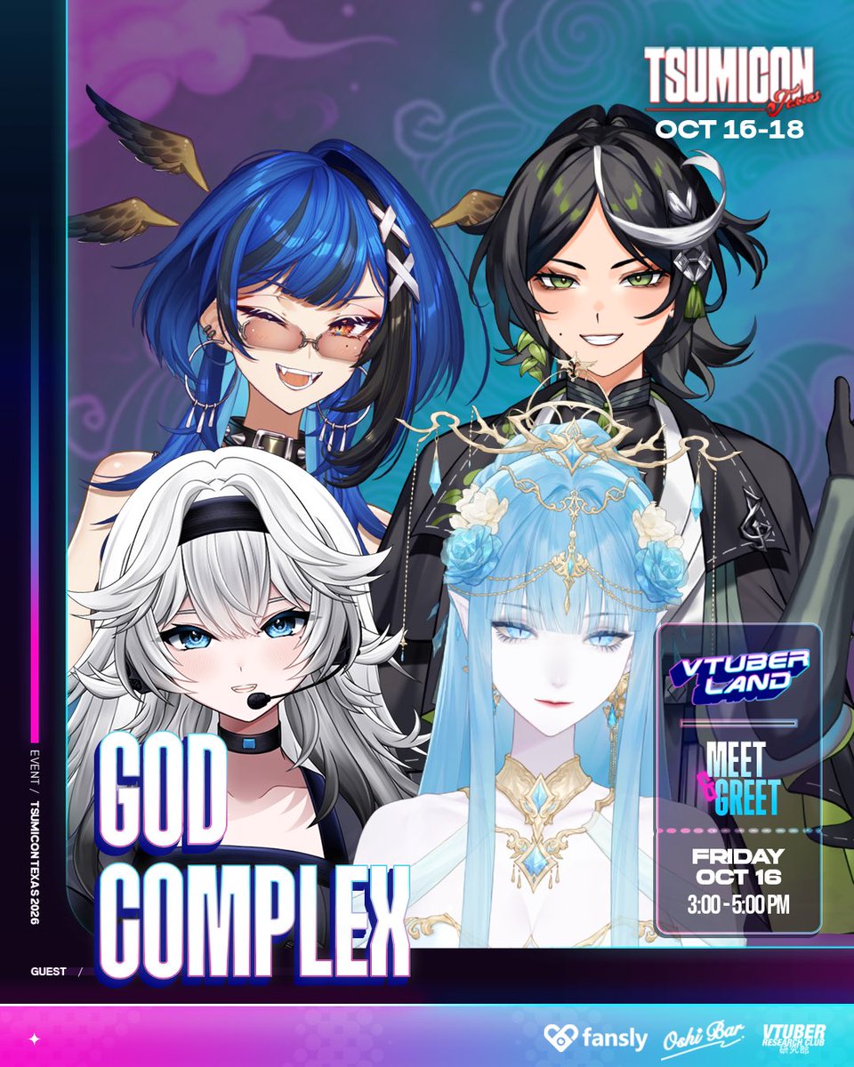 GodComplex_Real's tweet photo. GOD COMPLEX IS COMING TO @TsumiCon in Texas! 🩵🪽

We will be doing a virtual meet and greet at @theoshibar’s VtuberLand 📍

Come see us! 🗓️
Friday Oct 16th
3:00PM - 5:00PM https://t.co/bwIZGHxyw8