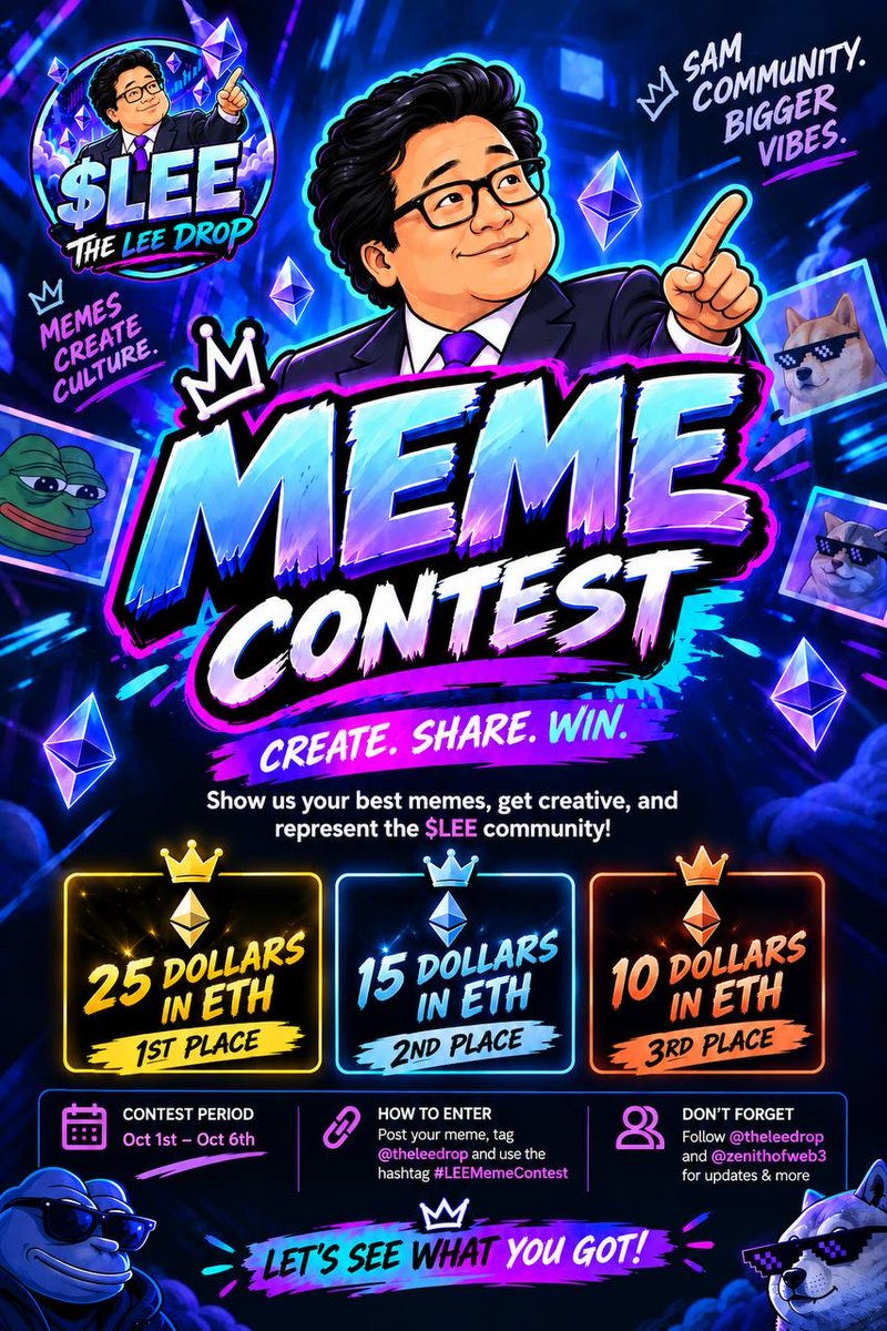theleedrop's tweet photo. 🔥 $LEE MEME CONTEST IS LIVE! 🔥

Time to bring your creativity and make the community laugh 😂

🏆 PRIZES
🥇 1st — $25
🥈 2nd — $15
🥉 3rd — $10

📅 October 1st – October 6th

How to enter:
• Create your best $LEE meme
• Post it and tag @theleedrop
• Follow @theleedrop & @zenithofweb3
• Use #LEEMemeContest

No boring entries. Get creative. Make it memorable. 👿

Let’s see what you’ve got! 🚀🚀