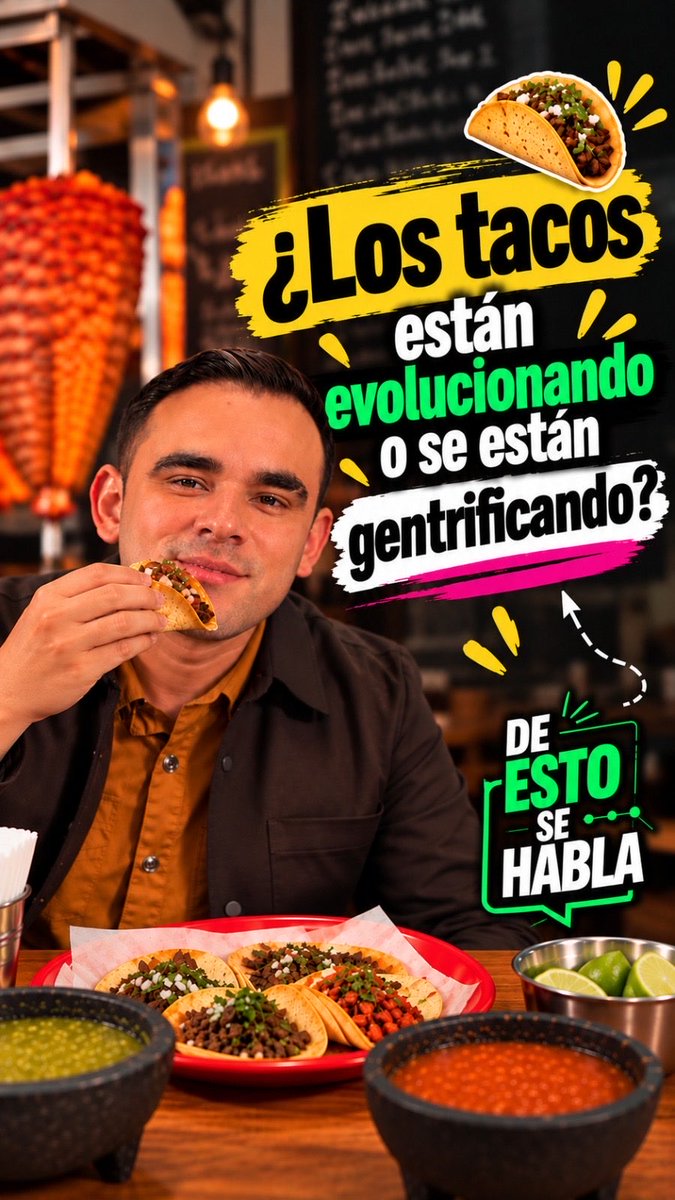 A Spanish-language poster titled "DE ESTO SE HABLA" with the headline "¿Los tacos están evolucionando o se están gentrificando?" showing a man eating a taco with plates of tacos and salsa bowls in front of him.