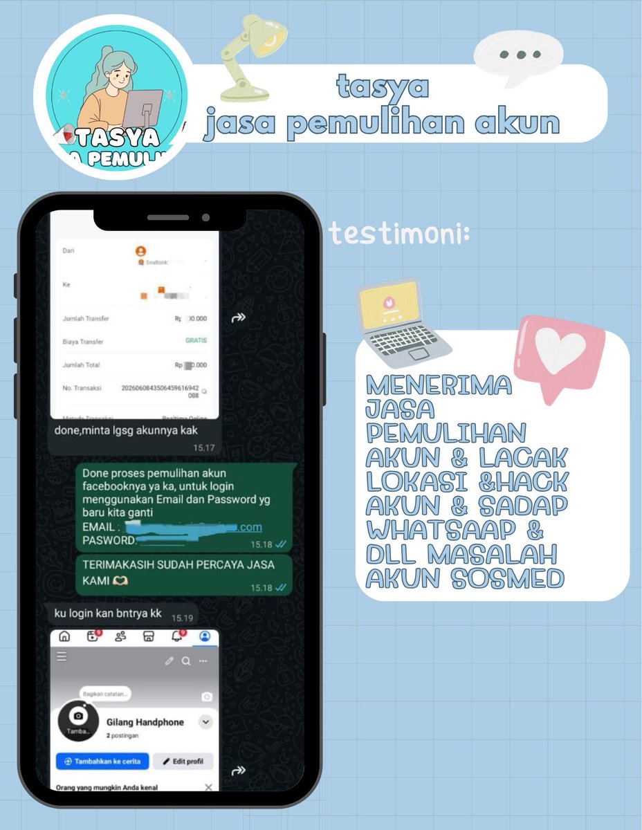 bernjmyur's tweet photo. Bantuan JASA PEMULIHAN AKUN &amp; Hapus Akun.

🌺Akun lupa pasword / ke hack 
🌺Jasa sadap
🌺Jasa unsuspend / suspend Akun X 
🌺Jasa hapus akun 
🙏Jasa hack 

Whatsapp,Gmail, Instagram, Telegram, Facebook, Tiktok, DLL https://t.co/0rGE9KFyaE