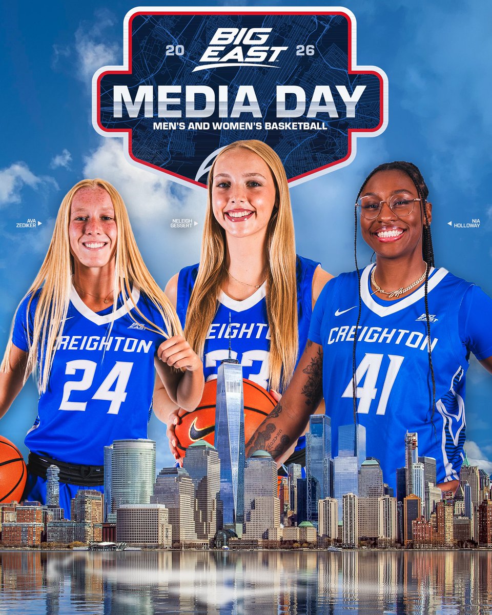 CreightonWBB's tweet photo. Lights up. Jays up. 🗽✨

Watch Neleigh Gessert, Ava Zediker and Nia Holloway take the stage at BIG EAST Media Day, with live coverage from the Marriott Marquis beginning at 8 a.m. CT on Peacock!

#GoJays https://t.co/8a8lwyYUxw