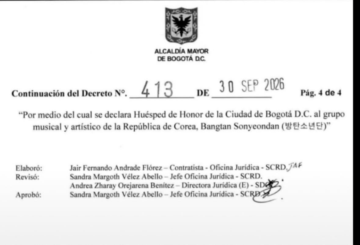 BluRadioCo's tweet photo. La Alcaldía de Bogotá declaró a la banda surcoreana BTS como Huéspedes de Honor de Bogotá, esto mediante el Decreto 413 del 30 de septiembre de 2026, como homenaje a su trayectoria musical y artística. #VocesySonidos https://t.co/1LDqcykXDE