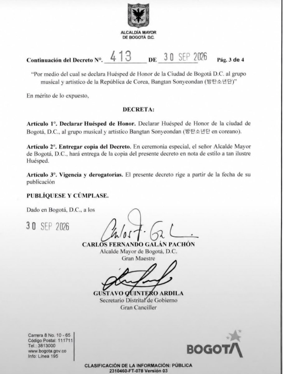 BluRadioCo's tweet photo. La Alcaldía de Bogotá declaró a la banda surcoreana BTS como Huéspedes de Honor de Bogotá, esto mediante el Decreto 413 del 30 de septiembre de 2026, como homenaje a su trayectoria musical y artística. #VocesySonidos https://t.co/1LDqcykXDE