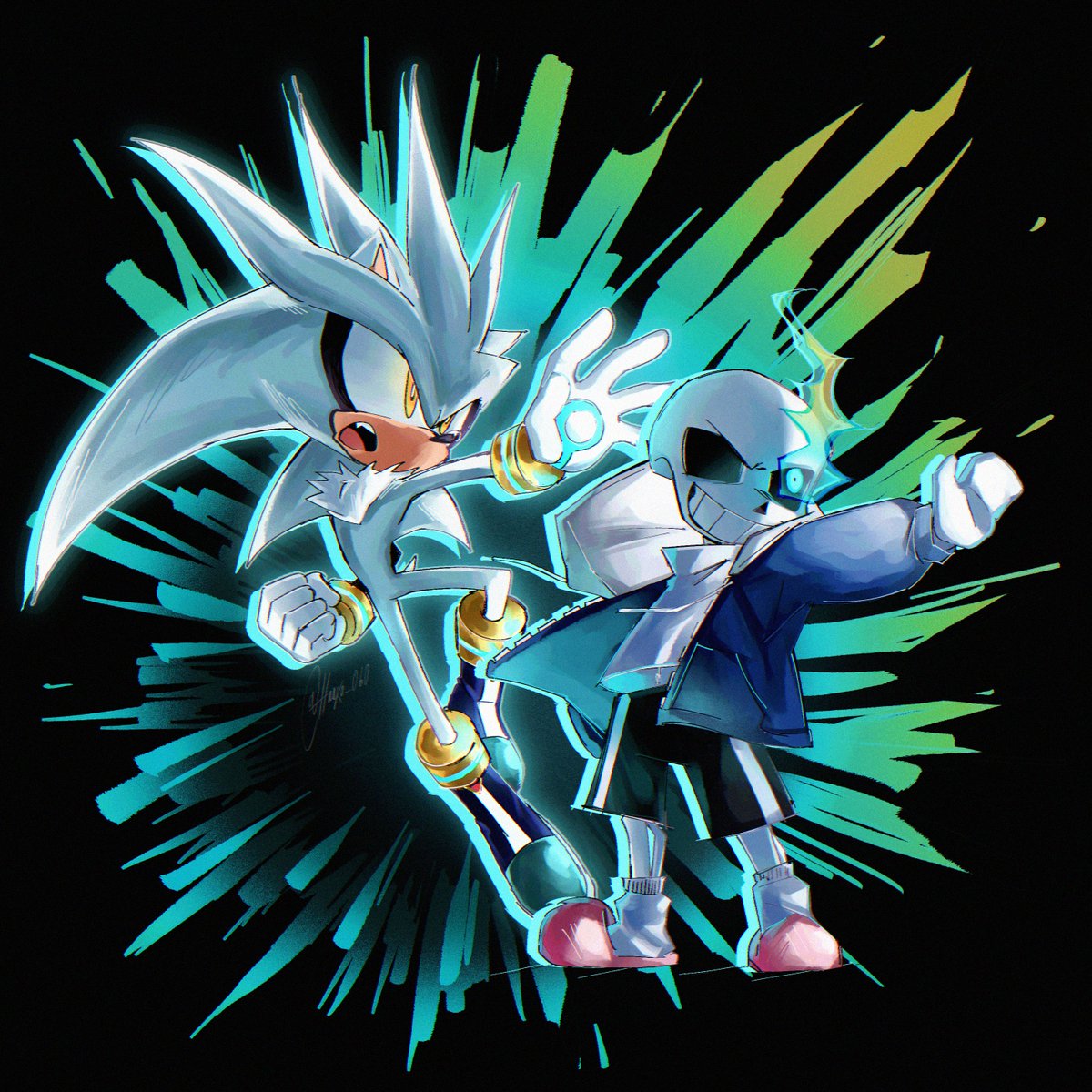Haako_060's tweet photo. Silver the hedgehog &amp; Sans the skeleton #SilverTheHedgehog #undertale #sans https://t.co/TusYept9sp