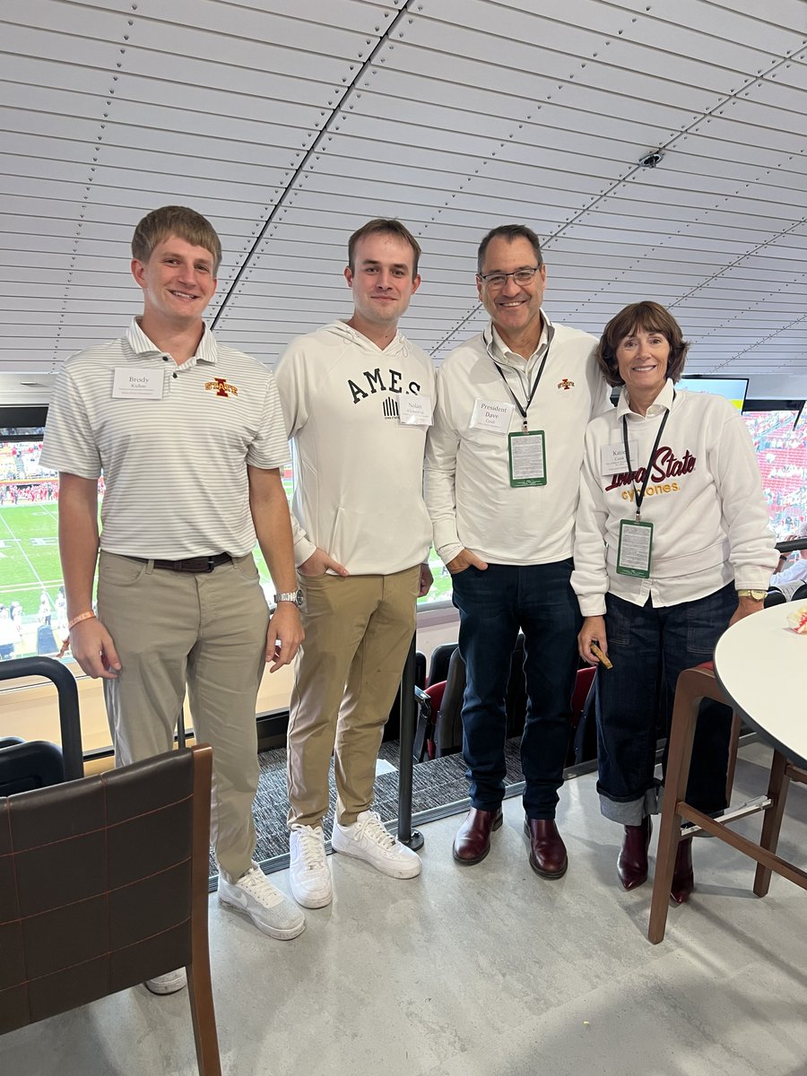 ISUStuGovPres's tweet photo. Big thanks to President Cook, Dr. Cook, and the @isufoundation for having us up in the suite this weekend. Always great getting to connect with university leadership and take in a game day from up top.

Go Cyclones! 🌪️🏈#IowaState #CycloneNation #JackTriceStadium #Cyclones https://t.co/11JclqlLM6