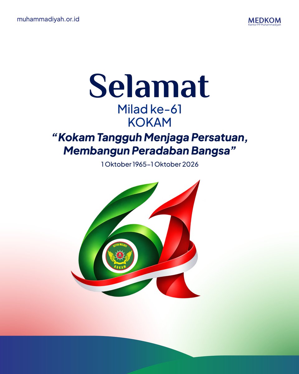 muhammadiyah's tweet photo. Selamat Milad ke-61 Komando Kesiapsiagaan Angkatan Muda Muhammadiyah (KOKAM).

Enam puluh satu tahun perjalanan menjadi bagian dari ikhtiar menjaga persatuan, meneguhkan pengabdian, dan menghadirkan kontribusi nyata bagi umat, bangsa, dan kemanusiaan.

Semoga KOKAM terus menjadi kader yang tangguh, disiplin, berintegritas, serta konsisten membangun peradaban bangsa.

#Muhammadiyah #KOKAM #MiladKOKAM61 #PemudaMuhammadiyah
