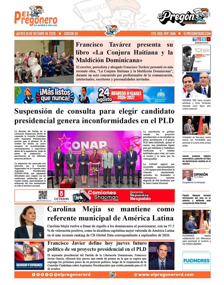 ElPregoneroRD's tweet photo. Esta es la portada de El Pregón y El Pregonero de este 1 de octubre de 2026.
https://t.co/cZhFm4I7ho
#ElPregoneroRD
#ElPregon
#Portada https://t.co/nzvVr1iweh
