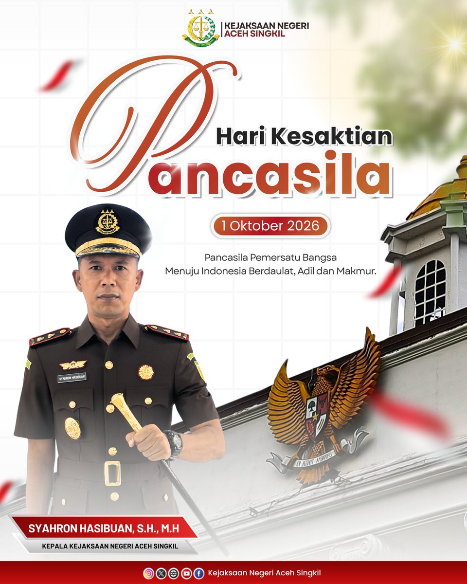 knsingkil's tweet photo. Kepala Kejaksaan Negeri Aceh Singkil beserta seluruh jajaran mengucapkan:

"Selamat Memperingati Hari Kesaktian Pancasila 1 Oktober 2026".

Mari jadikan Hari Kesaktian Pancasila sebagai momentum untuk memperkuat persatuan, menjaga nilai-nilai Pancasila https://t.co/uj4Dsxn1xC