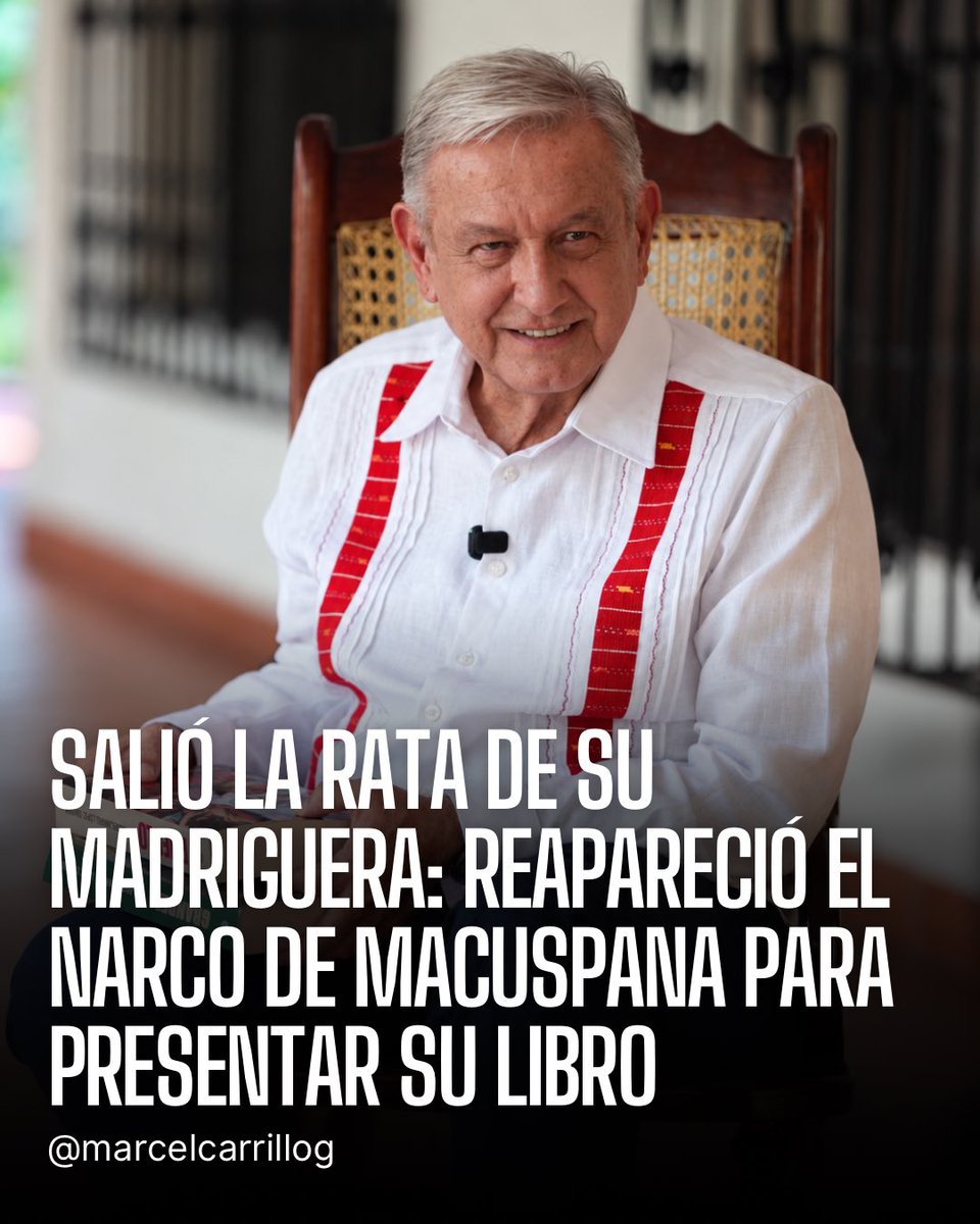 marcelcarrillog's tweet photo. ¡Qué perro asco! Reapareció el narco de @lopezobrador_, disque para promocionar su libro, y no pudo hacerlo sin decir estupidez y media, como que ya acabó la corrupción, hablar de los presidentes anteriores a él, atacar a periodistas, a la derecha y cuanta mamada se le ocurrió.

Este delincuente debería estar tras una reja en vez de seguir mintiéndole a los mexicanos desde su retiro para distraer al pueblo y que se les olvide que su hijo está señalado por huachicol y crimen organizado, y que agencias de Estados Unidos ya están analizando esas acusaciones. 

De verdad que ojalá algún día llegue la justicia a esta lacra.