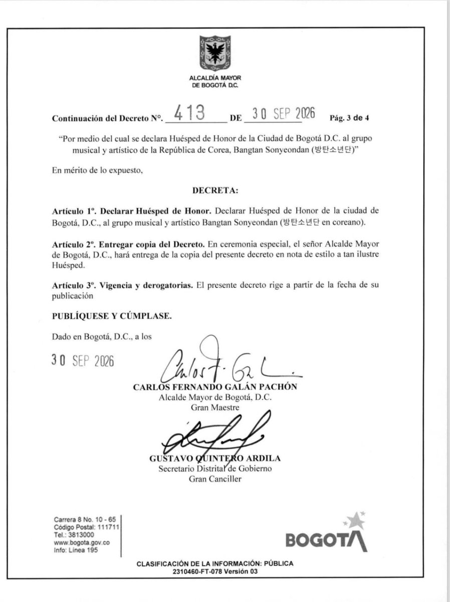 musictrendscol's tweet photo. Decreto 413 del 30 de septiembre de 2026 con el que la Alcaldía de Bogotá, en cabeza del Alcalde Mayor, @CarlosFGalan, declara a los integrantes de BTS huéspedes de honor en la Capital 📍💜✨🇨🇴 https://t.co/vBiQFyiurQ
