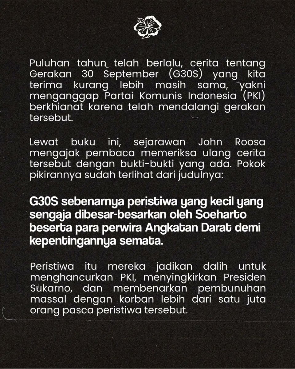 KP_Alternatif's tweet photo. Memahami 1965 ialah dengan mempertanyakan bagaimana sebuah peristiwa dapat dijadikan dalih untuk membangun kekuasaan dan melegitimasi pembunuhan massal lebih dari satu juta orang. https://t.co/AZEPigY1c5